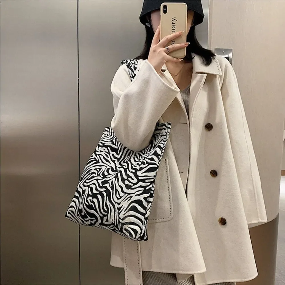 Large Zebra Tote Bag Black White Commuter Travel Minimalist Chic Fabric